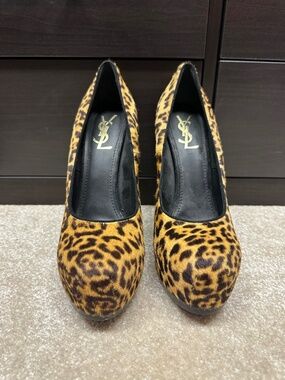 YSL Platform Leopard Calf Hair Pump